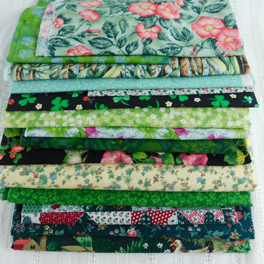 Green Cotton Quilting Fabric Lot of 15 pc, 2.5 Pounds Batik Calico Floral Sewing